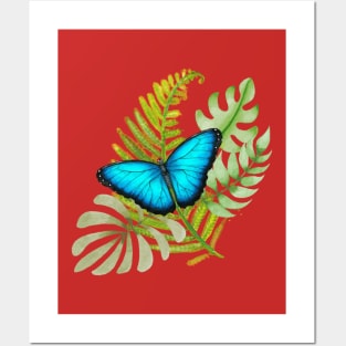 Blue Butterfly on Tropical Leaves Posters and Art